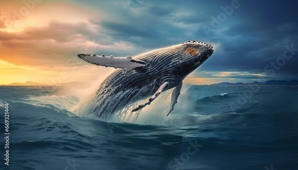 Fototapeta humpback whale jumping out of the water at sunset, The whale is spraying water and ready to fall on its back. Generative AI