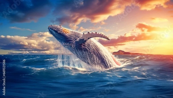 Fototapeta humpback whale jumping out of the water at sunset, The whale is spraying water and ready to fall on its back. Generative AI