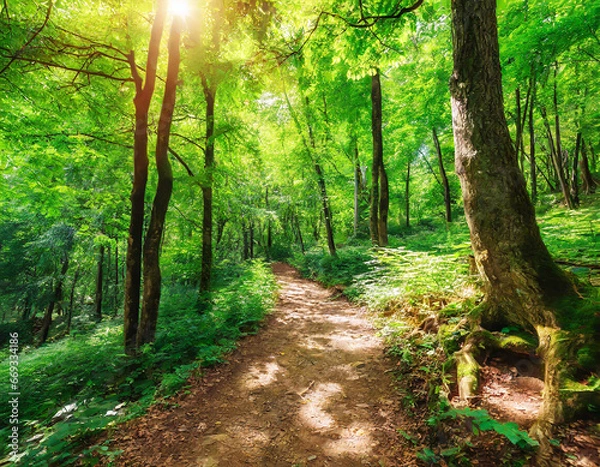 Fototapeta Footpath through bright natural sunny green forest in summer