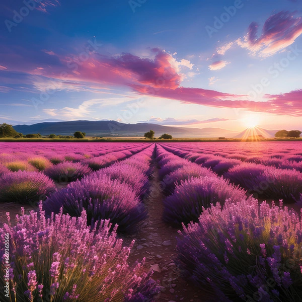 Fototapeta Evening lavender field at sunset