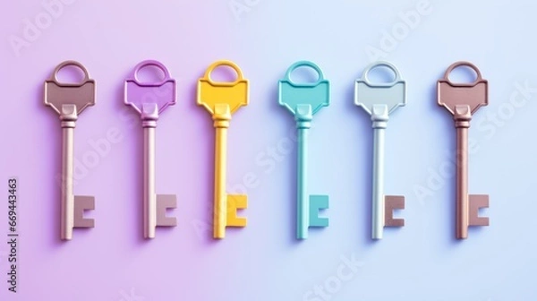 Fototapeta Colorful keys isolated on blue background. 3d render illustration. Generative AI