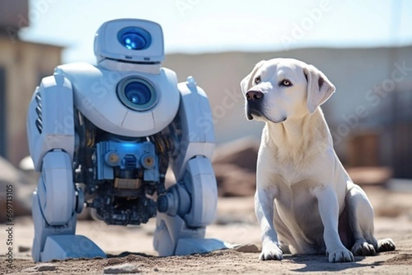 Fototapeta A white labrador dog sitting next to a robot. Generative AI.