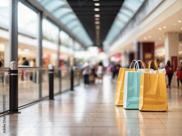 Fototapeta 3d shopping bags in line in shopping mall.