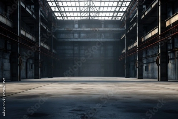 Fototapeta Evoking an Ambiance of Empty Warehouse with Dramatic Lighting. Generative Ai