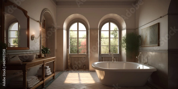 Fototapeta Mediterranean style interior of bathroom with large bath.