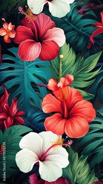 Fototapeta Tropical flowers, plants, leaves. Vector of an exotic Hawaiian flower pattern for a wallpaper.