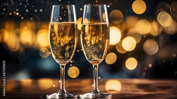 Fototapeta A champagne toast, with sparkling bubbles as the background, during a glamorous New Year's Eve party