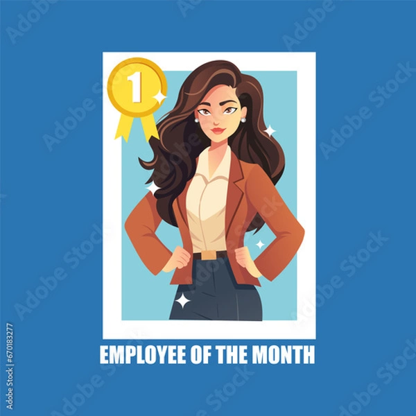 Fototapeta Employee of the month poster with businesswoman. Vector flat illustration