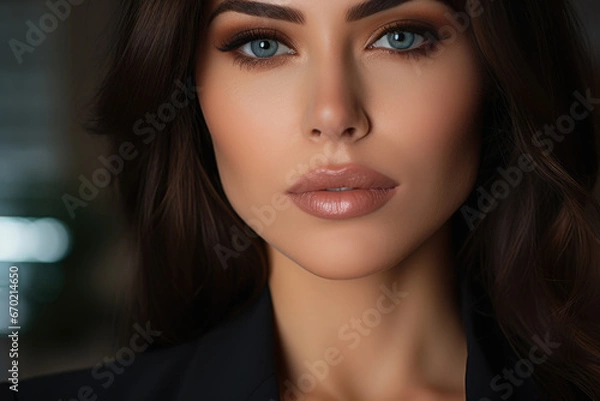 Fototapeta photo of a beautiful female psychologist with a stylish fashionable hairstyle and beautiful eyes