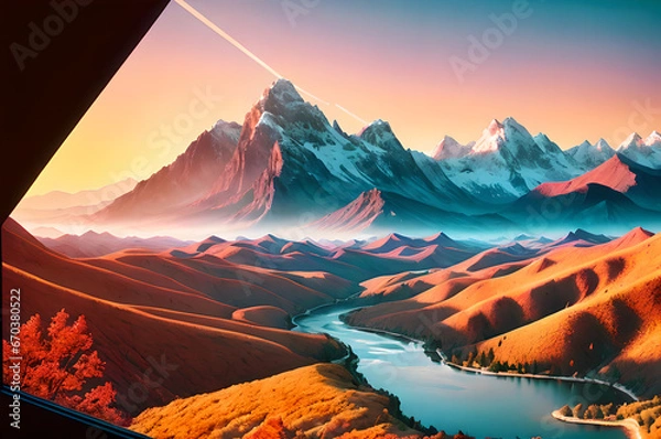 Fototapeta  Desert mountains landscape, sunset over the mountains and river, atmospheric and epic nature, Generative AI