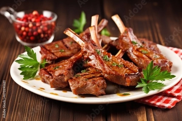 Fototapeta glazed lamb chops served with garlic cloves and spices