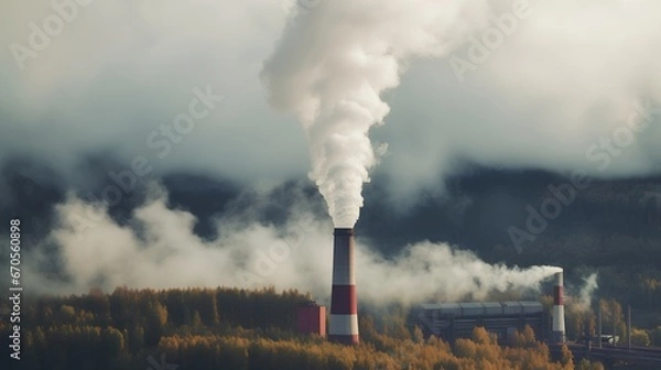 Fototapeta CO2 or carbon dioxide air pollution from factory chimney smokes as environmental problem with unhealthy emissions. Green and lush carbon capture necessity for better future and greener tomorrow.