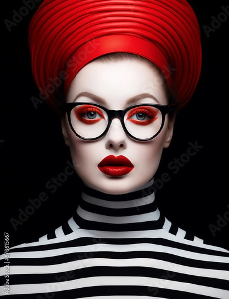 Fototapeta Closeup of woman with striped sweater. Contemporary and sophisticated fashion and makeup concept. AI generative