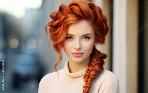 Fototapeta Beautiful young long red headed woman with braids