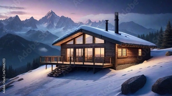 Fototapeta Winter skiing mountain cottage scene surrounded by snow covered in the Alps.