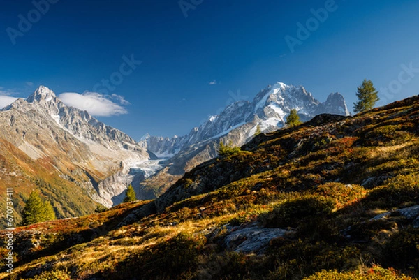 Fototapeta Glacier d'Argentière with Aiguille du Dru, Aiguille Verte and Aiguille du Chardonnet in autumn near Chamonix, France