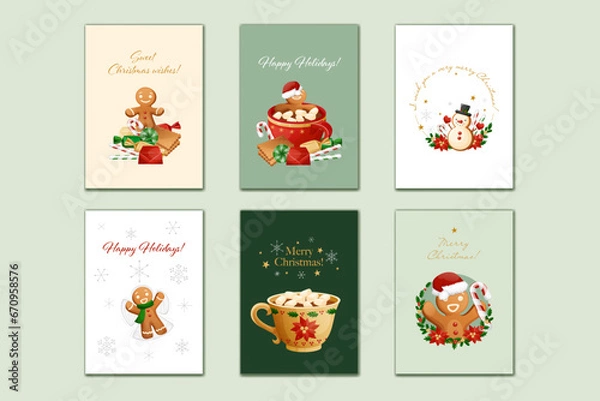 Fototapeta Cute Christmas Greeting Cards Set With Gingerbread Characters