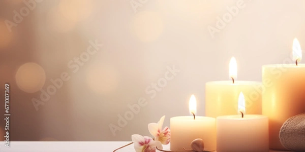 Fototapeta Christmas candles on the table, pastel background with free space for text.