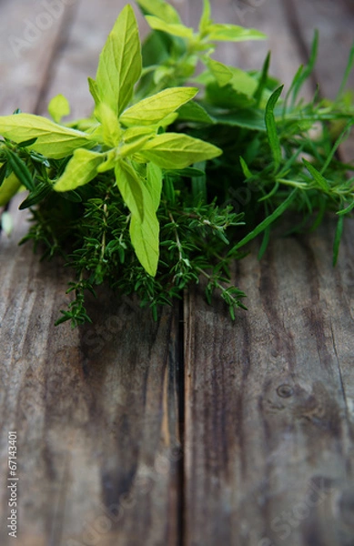 Fototapeta bunch of fresh herbs on rustic wooden planks