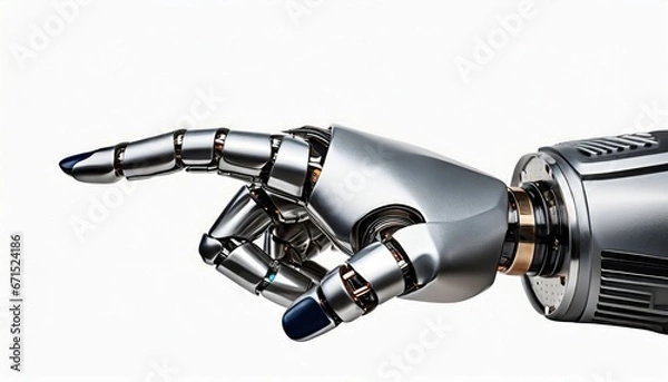 Fototapeta Cyborg hand finger pointing, technology of artificial intelligence. Steel futuristic arm, type of bionic arm with similar functions to a human arm isolated on white. with copy space