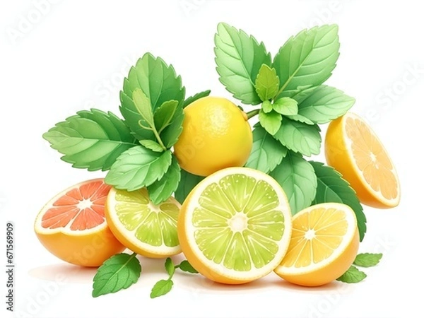 Fototapeta Citrus and mint. On white background. AI generated illustration