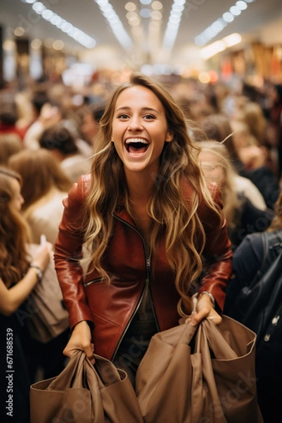 Fototapeta Black Friday Sale. A crowd of beautiful gorgeous women jostle to grab discounted clothes in a shopping center