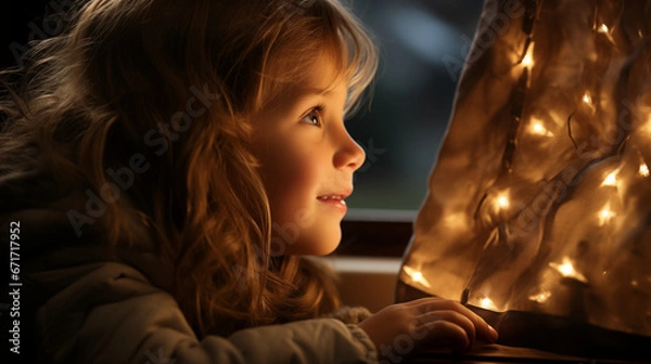 Fototapeta A child peeking through the curtains to catch the first glimpse of the winter wonderland outside on Christmas morning