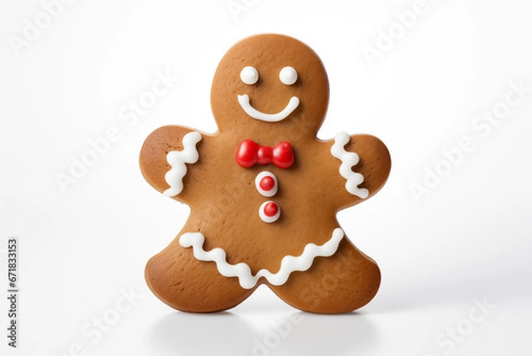 Fototapeta A cheerful gingerbread man cookie with a smiling face, decorated with white icing along its arms and legs, and three red buttons down its front.