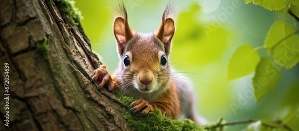 Fototapeta A youthful squirrel observed by the camera while situated within a tree