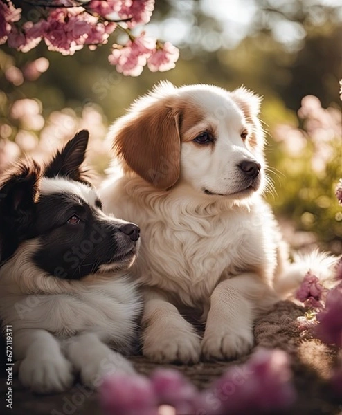 Fototapeta charming dogs in the garden