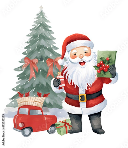 Fototapeta Santa Claus with gifts and cartoon decorations. on Christmas and New Year gift concept.