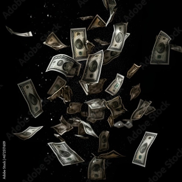 Obraz AI generated illustration of a black background with multiple falling US dollar bills