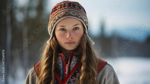 Fototapeta A Finnish lady in traditional Sami clothing