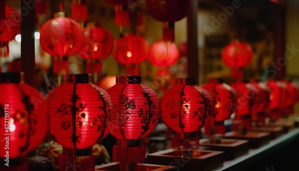 Fototapeta Chinese lanterns illuminate traditional festival, symbolizing spirituality and luck generated by AI