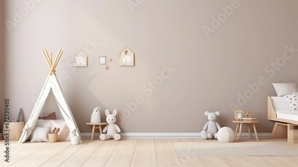 Obraz Kids Wall mock up. Kids interior. Scandinavian interior modern child room. generative ai