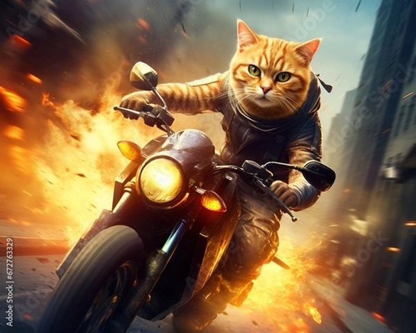 Fototapeta Cat rider on motorcycle is riding with fire.