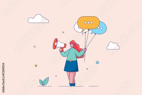 Fototapeta Communication or PR, Public Relations concept. Manager to communicate company information and media, announce sales or promotion. Woman holding speech bubble balloons while talking on megaphone.