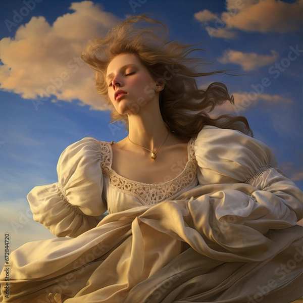 Fototapeta Girl in a lush white dress against the sky