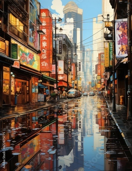 Fototapeta Urban Reflections in Rainy Street Illustration