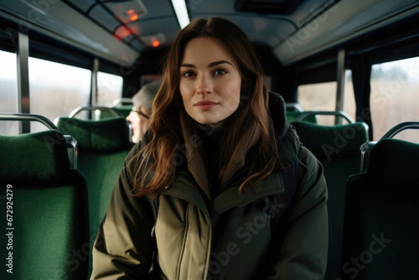 Fototapeta A young woman in a warm jacket sits in public transport and looks at the camera