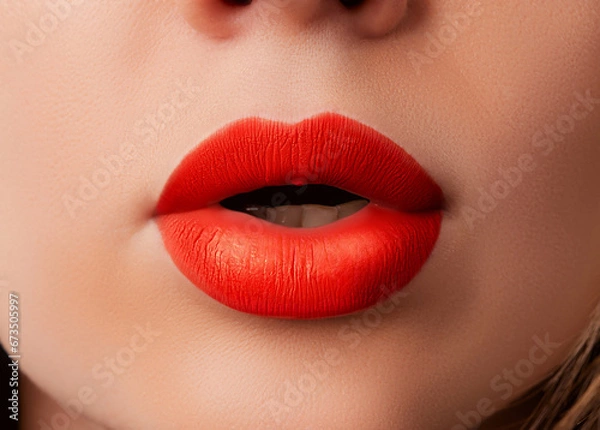 Fototapeta Close up macro female plump lips with red matte lipstick. Beauty fashion portrait personal care and make up