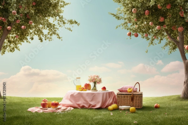 Fototapeta Vibrant Gala apple in a charming picnic setting with a pastel color background. The picnic scene provides an inviting atmosphere with copy space for text. Generative AI