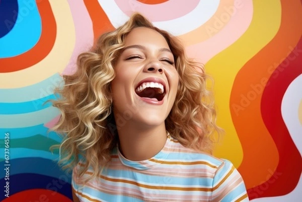 Fototapeta Blond Young Woman Laughing On Colorful Background Joyful Woman Radiating Positivity Against Vibrant Backdrop