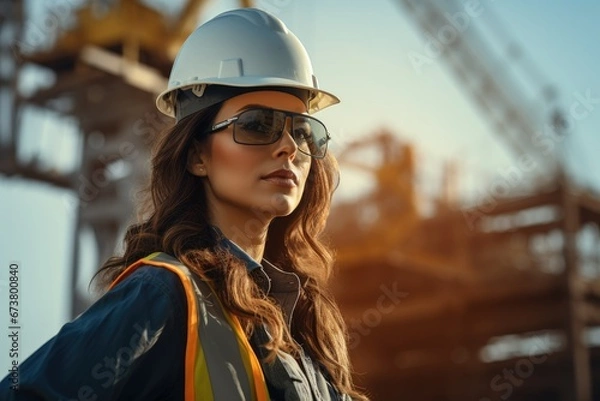 Fototapeta A Woman in Safety Gear at a Construction Site