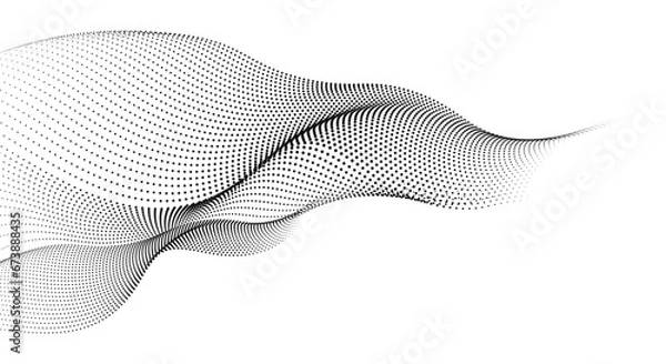 Obraz An abstract vector illustration, dynamic particle waves in a halftone gradient, forming a flowing dot curve against a white backdrop, embodying technology, sound, music, and modern aesthetics.