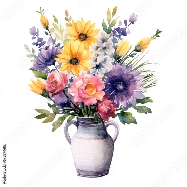 Fototapeta Bouquet of Flowers in vase, winter theme, watercolor, isolate background