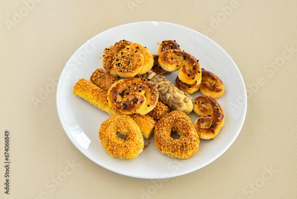 Obraz Turkish homemade sweet and savory cookies .Tatli tuzlu kurabiye. Kuru pasta