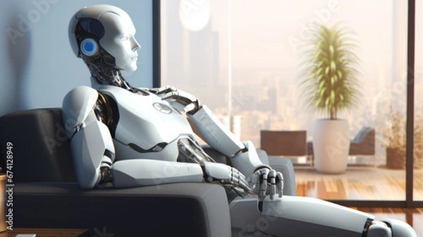 Fototapeta Portrait of human like robot relaxing in living room. Futuristic modern cyborg in apartment