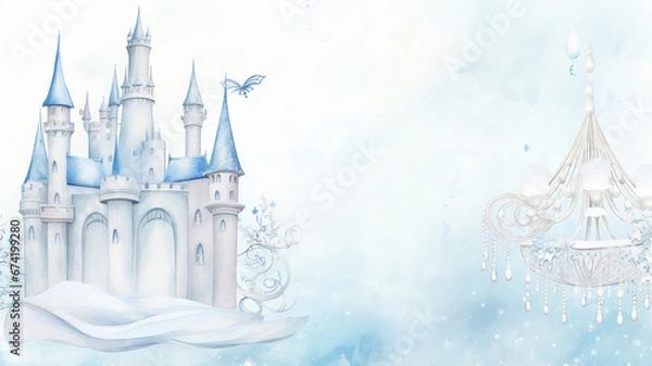 Fototapeta fairy princess castle, light blue watercolor on a white background, illustration for a children's book