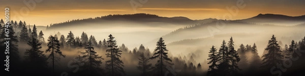 Fototapeta long panorama silhouettes of  the autumn fog at sunset, freedom and silence of nature wild forest in sunset colors